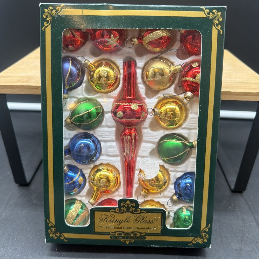 Kurt Adler - MINI -21 Pc Kringle Glass Ornaments & Tree 5" Topper  Glitter Shiny
